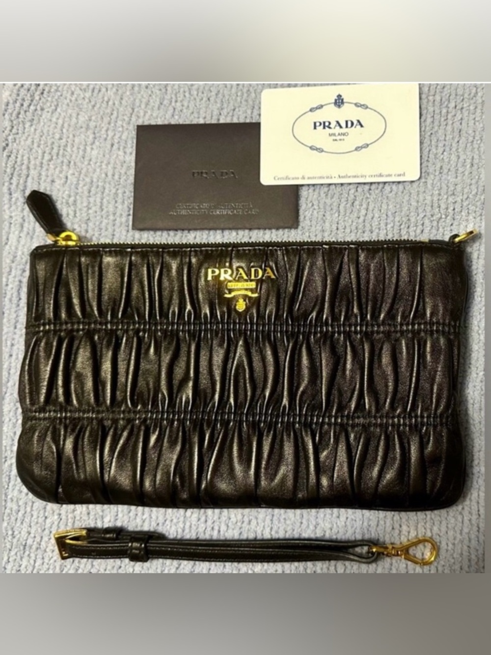 PRADA Authentic Nappa Black Leather Wristlet